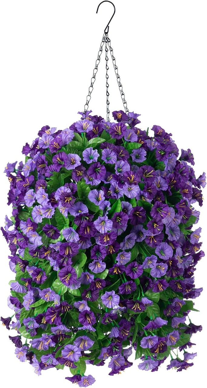 Artificial Flowers with Hanging Basket, Outdoor Faux Plants Silk Morning Glory Vines, Fake Green Arrangement for Garden Patio Spring Summer Decor(4 pcs,Purple)